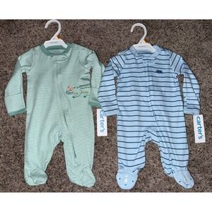 Carter's Lot Of 2 Footed Sleepers Pajamas Baby Newborn Cotton Blue Green